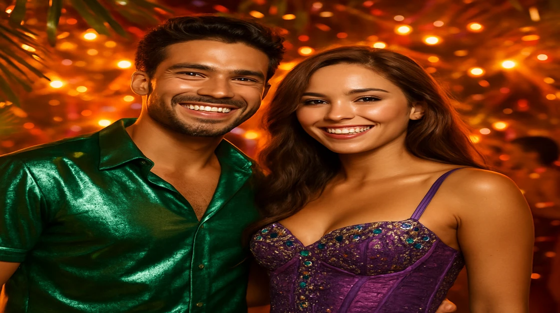 রঙিন কার্নিভাল পোশাকে হাসিখুশি একটি দম্পতি খোলা আকাশের নিচে অনুষ্ঠিত এক প্রাণবন্ত উৎসবে উদযাপন করছেন, যেখানে একসঙ্গে গেম খেলার মজা, সামাজিকতা ও উত্তেজনাপূর্ণ আবহ okpk-এ অনুভব করা যায়।