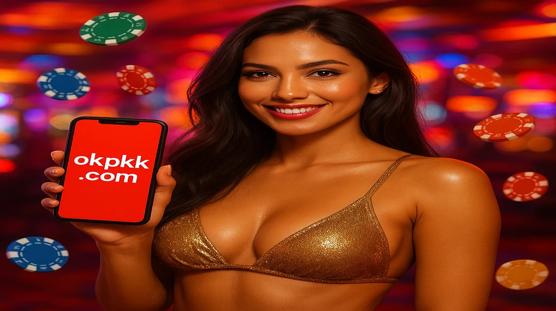 একজন দৃষ্টিনন্দন নারী একটি উষ্ণ-আবহাওয়ার গেমিং প্ল্যাটফর্ম সেটিংয়ে সোনালি-আভা সম্পন্ন একটি স্মার্টফোন ধরে আছেন যাতে okpk অ্যাপটি দেখা যায়; তার চারপাশে সোনালি বিটকয়েন-স্টাইল কয়েন পড়ছে, আধুনিক ও উত্তেজনাপূর্ণ এই প্ল্যাটফর্মকে তুলে ধরে।